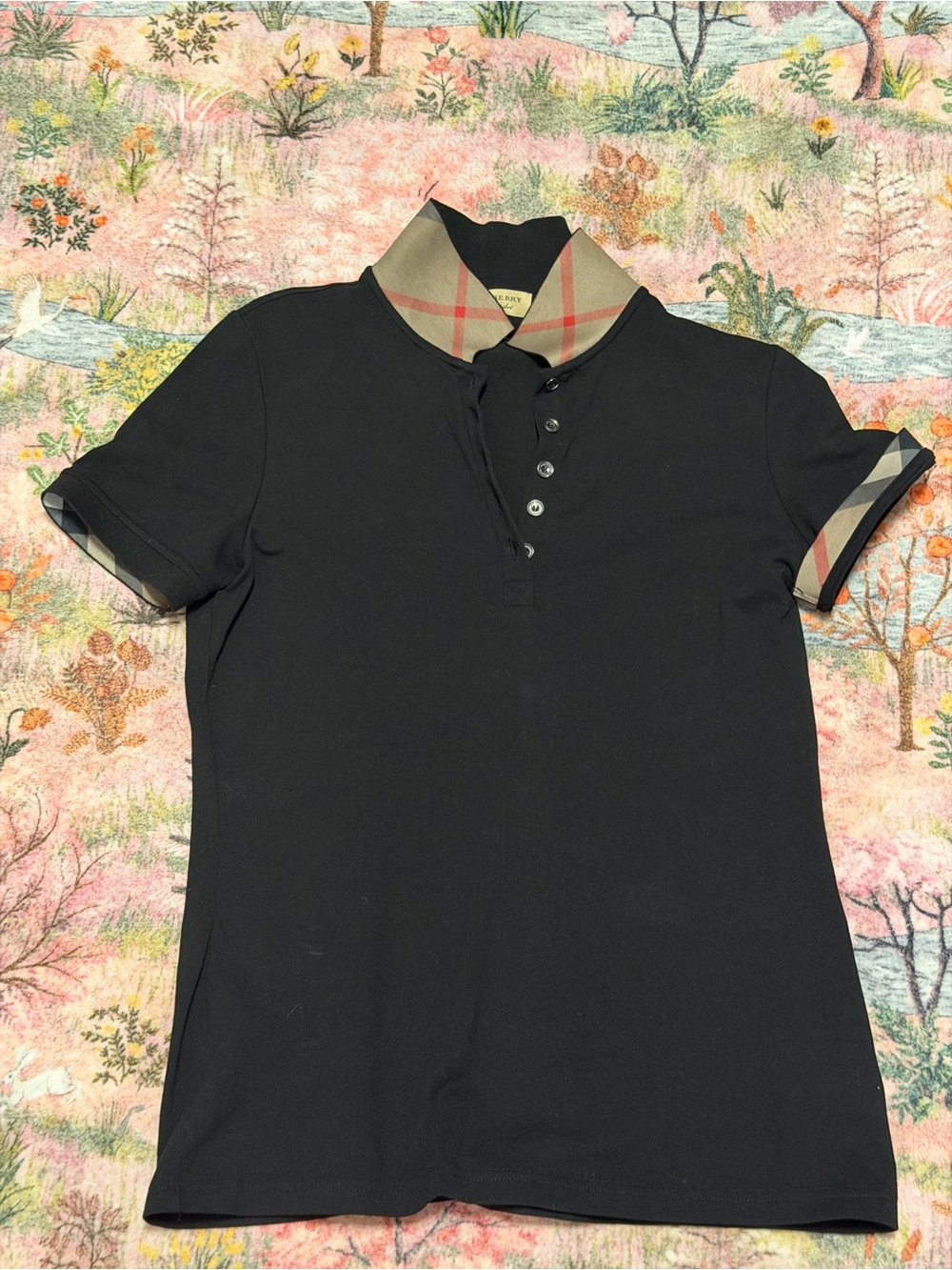 Burberry Black Polo with Signature Check Collar and sleeves trim Women’s M